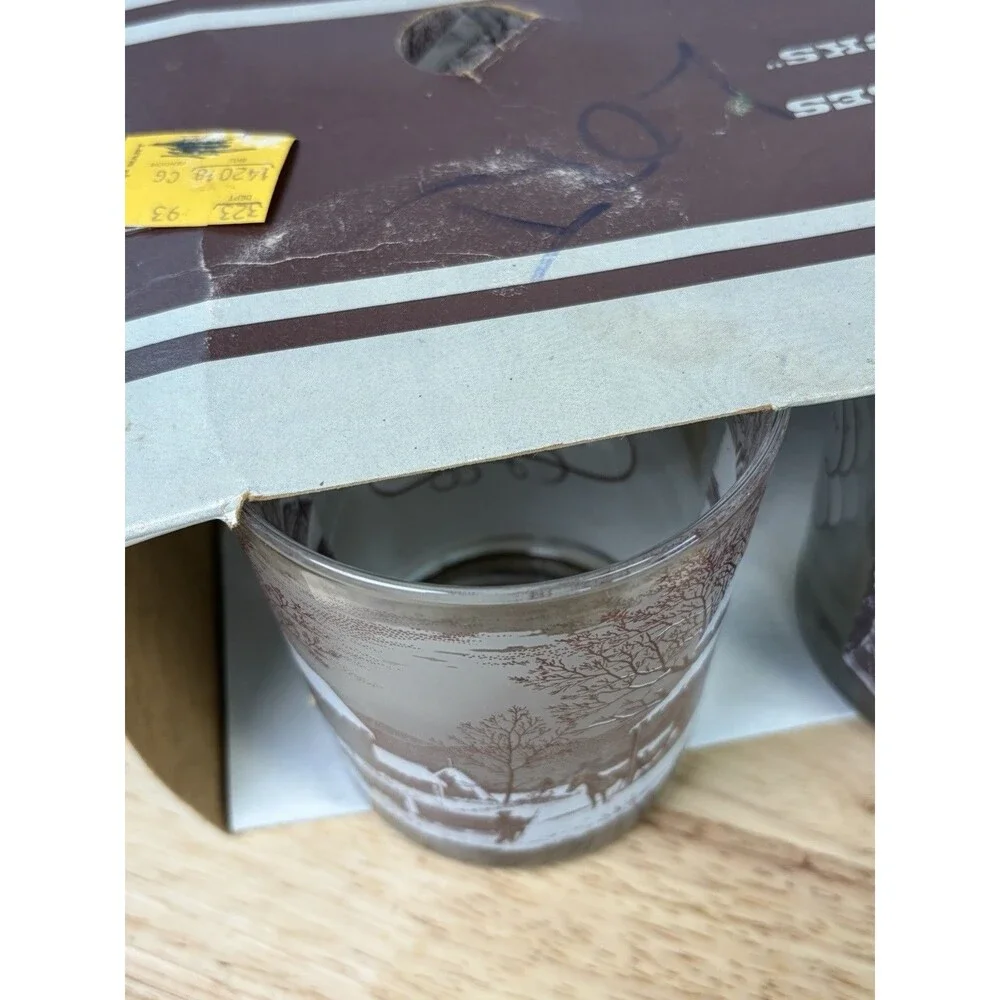 4 Vintage Currier and Ives Lowball Glasses The Old Homestead In Winter NOS